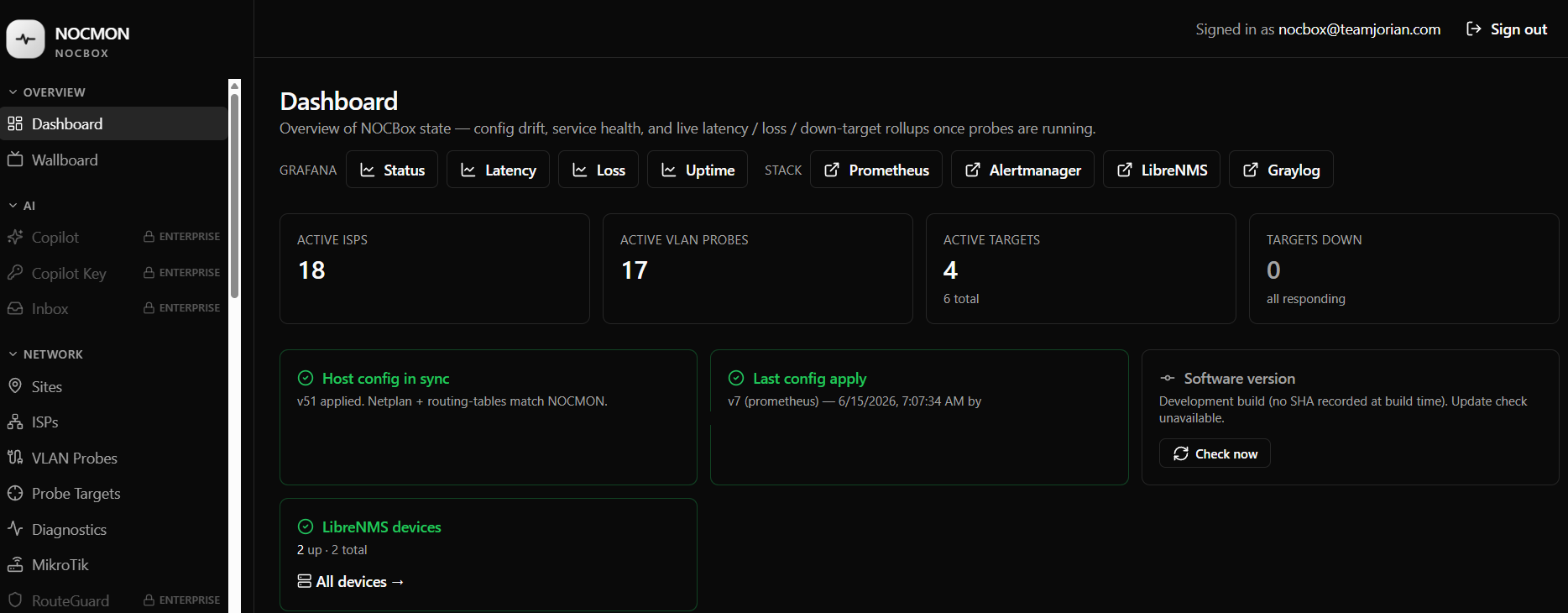 NOCMON dashboard with config sync state, service health and live rollups